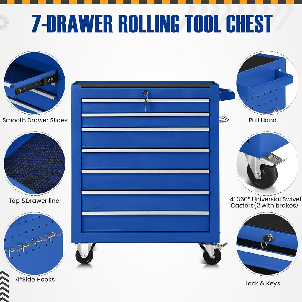7-Drawer Rolling Tool Chest with Wheels,Tool Cabinet on Wheels with Keyed Locking,Multifunctional Tool Cart on Wheels,Tool Storage Organizer Cabinets for Garage,Warehouse, Repair Shop (Blue)