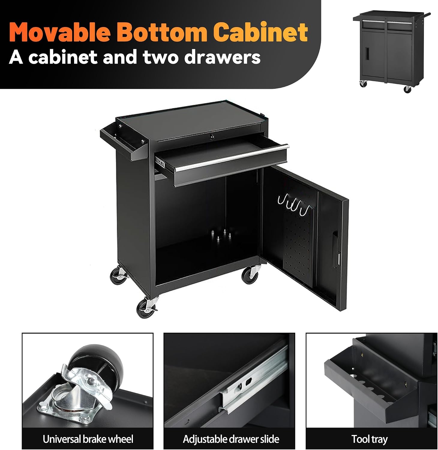 5-Drawer Rolling Tool Storage Chest Cabinet with Detachable Top Tool Box, Liner, Universal Lockable Wheels,37.6'x 20.7'x 11' Expandable, Locking Mechanism, Metal Tool Cart for Garage Workshop