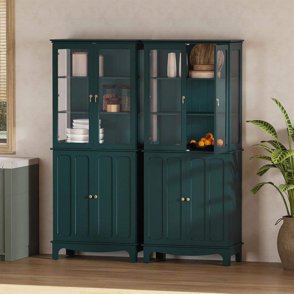 ARTPOWER 72' Freestanding Kitchen Pantry Storage Sideboard, Classical Tall Cabinet with Glass Door and Adjustable Shelves for Kitchen, Livingroom and Dining Room, Dark Teal