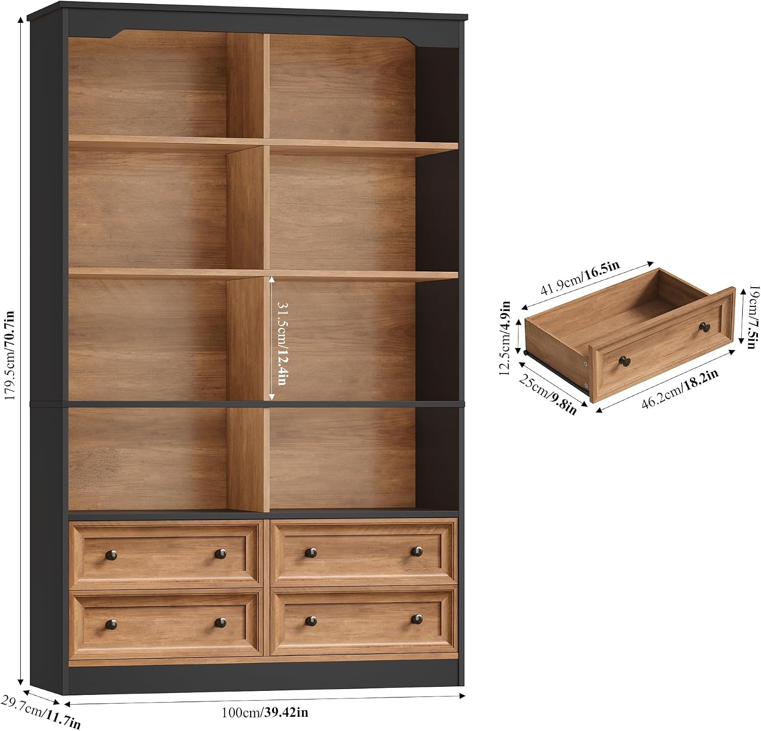 FINETONES 71' Tall Bookshelf with 4 Drawers, 6-Tier Double Wide Bookshelves and Bookcases with Storage, Tall Bookshelf Large Standing Book Cabinet for Home Office, Brown/Black