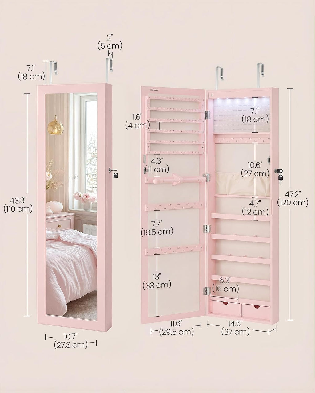 SONGMICS 6 LEDs Mirror Jewelry Cabinet, 47.2-Inch Tall Lockable Wall or Door Mounted Jewelry Armoire Organizer with Mirror, 2 Drawers, 3.9 x 14.6 x 47.2 Inches, Jelly Pink UJJC093SA02S