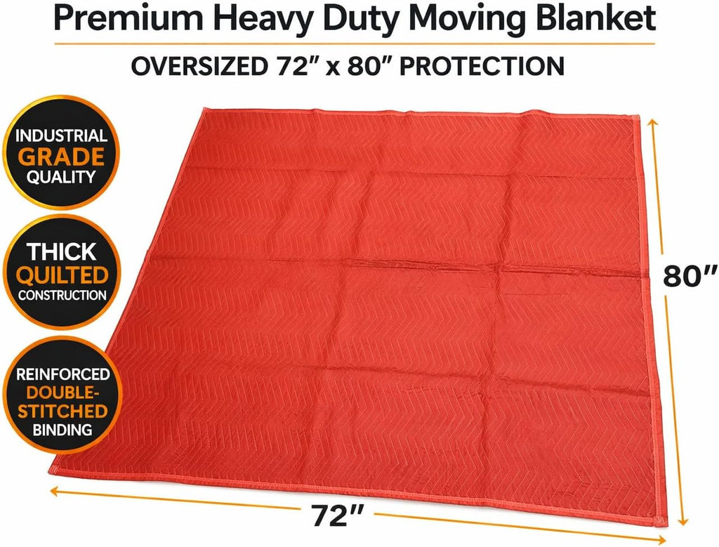 Professional Heavy Duty Moving Blankets, Red, 72x80 Inches, Quilted Cotton Blend, Double Stitched, 7+ Pounds Each, 12 Pack