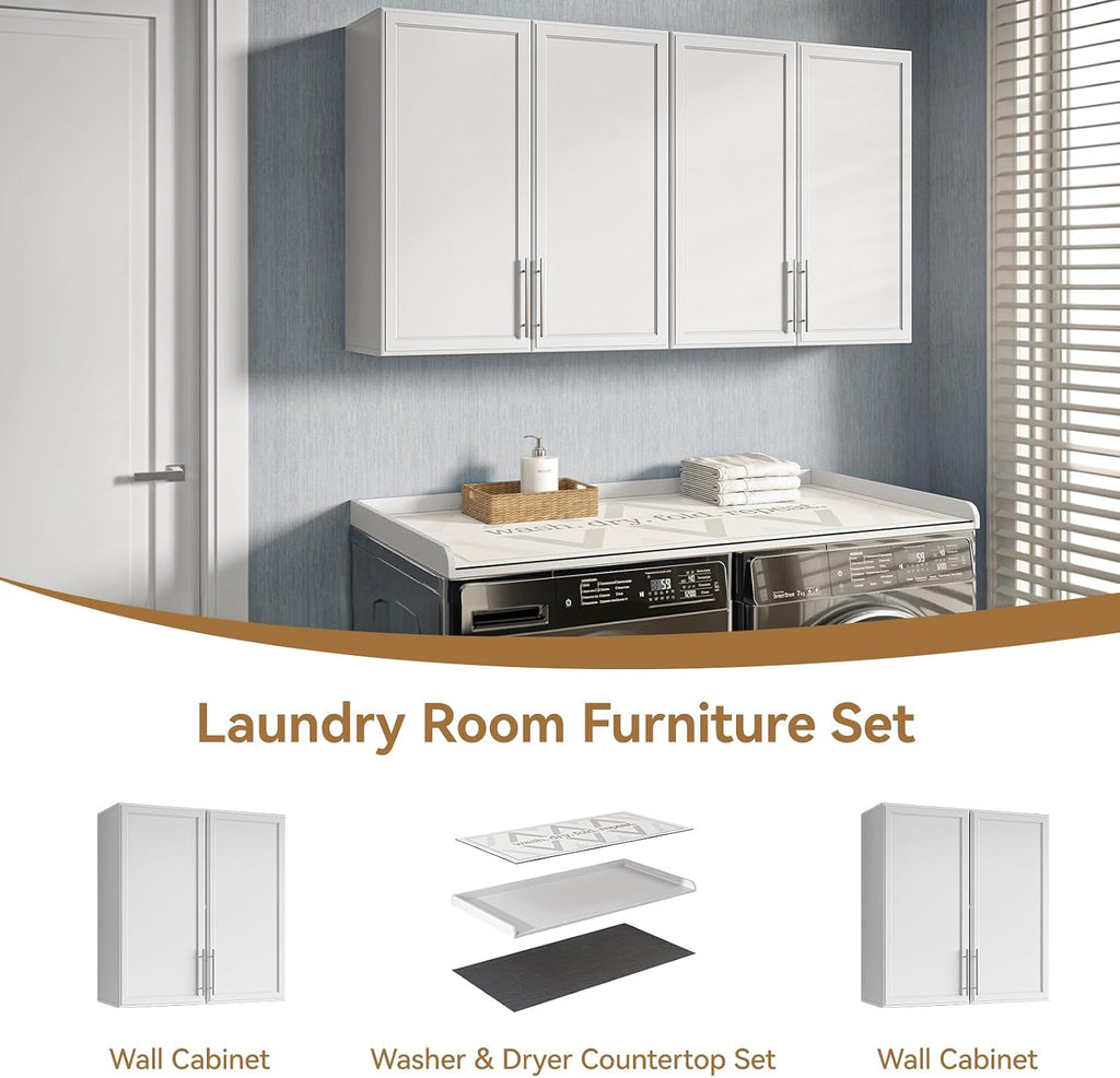 FIMELLO 60' Laundry Room Wall Cabinets and 27.6' x 54' Washer and Dryer Countertop Set, Laundry Room Cabinets Wall Mounted, Upper Cabinets Floating Cabinet - White Laundry Countertop