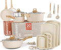 Bakken Master 20 Piece Cookware Set - Pots and Pans with Handle Grips and Tempered Glass Lids, With 6-piece Bakeware Set, Nonstick Granite Coating, Ceramic Max Temperature (Up To 500° F), Cream