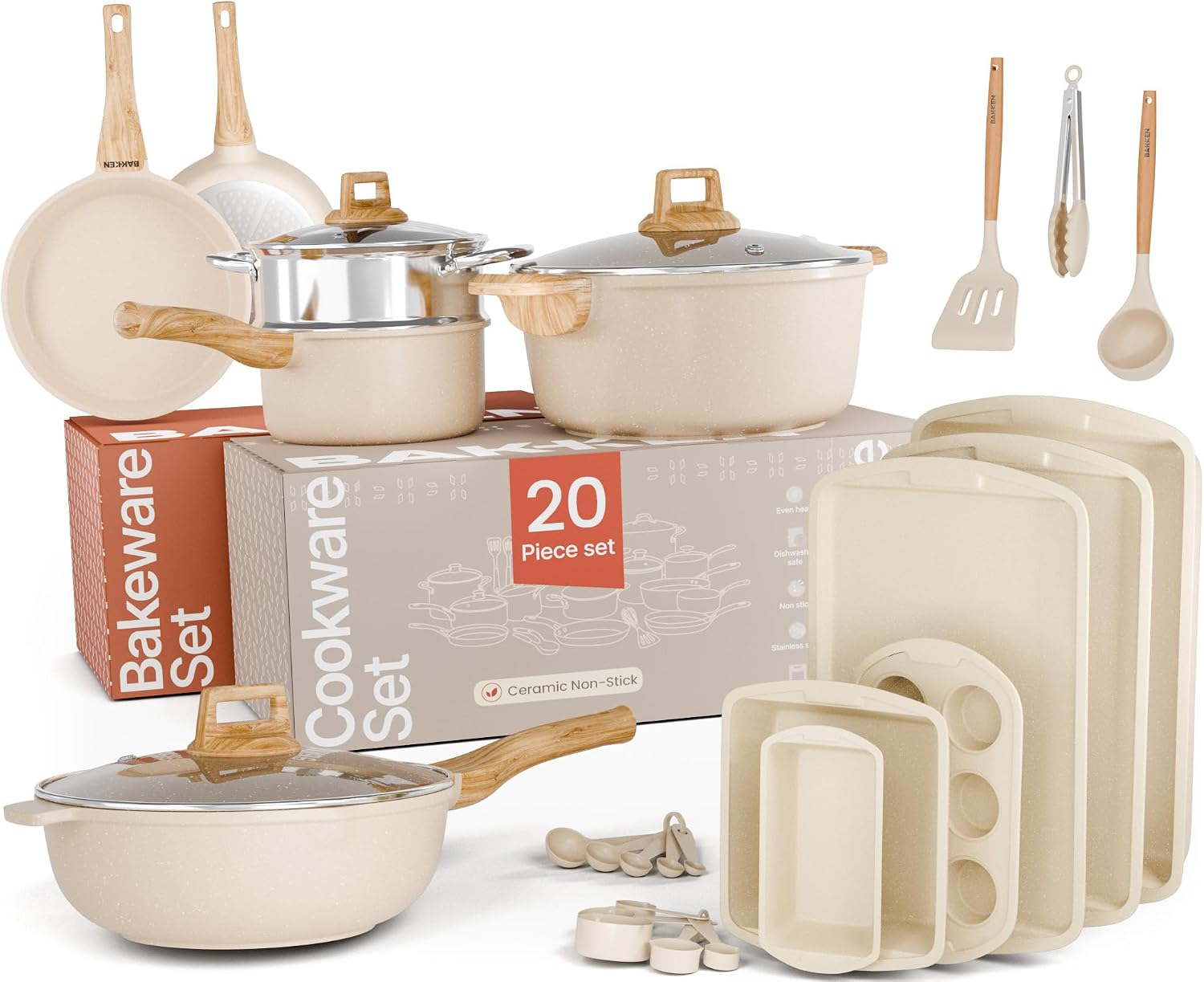 Bakken Master 20 Piece Cookware Set - Pots and Pans with Handle Grips and Tempered Glass Lids, With 6-piece Bakeware Set, Nonstick Granite Coating, Ceramic Max Temperature (Up To 500° F), Cream