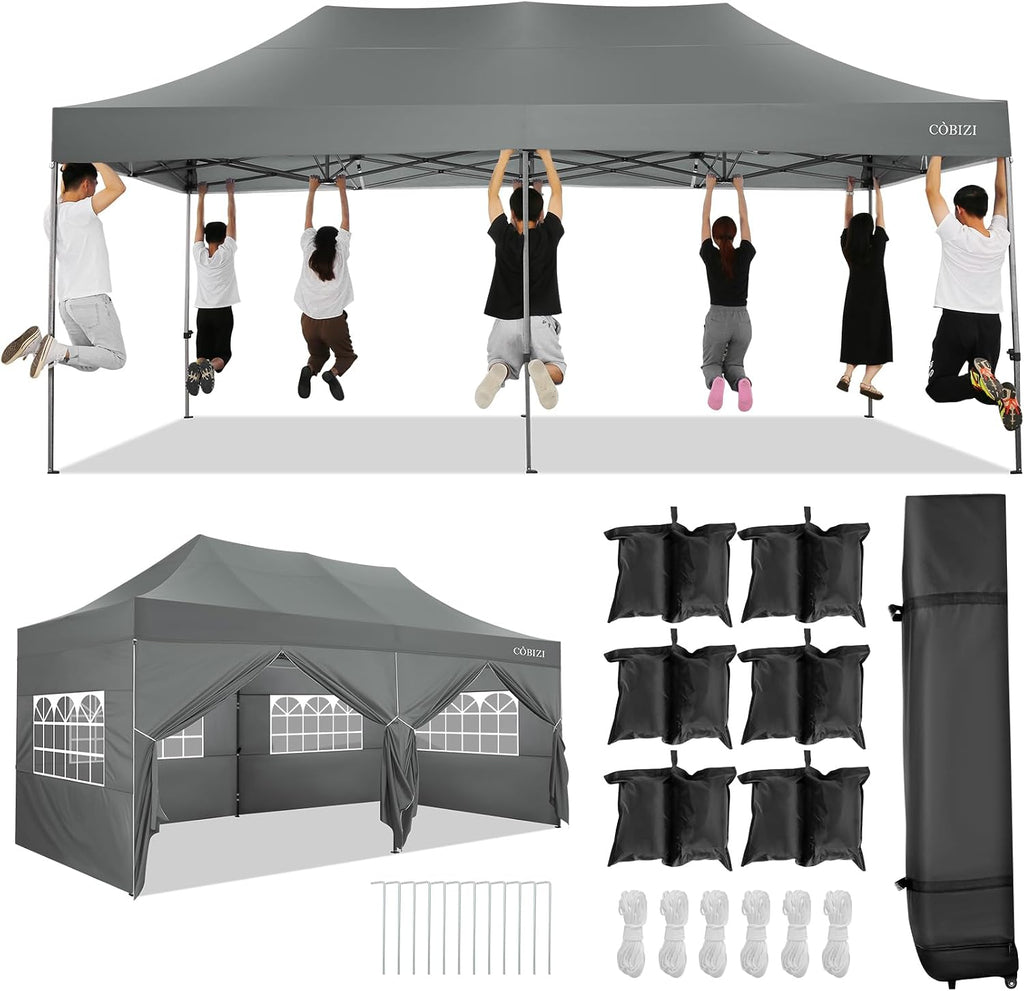 COBIZI 10x20 Pop up Canopy Tent Heavy Duty with 6 Sidewalls, Easy Set-up Commercial Outdoor Party Tents, 100% Waterproof Wedding Gazebo, 3 Height Adjustable with Wheeled Bag,Gray