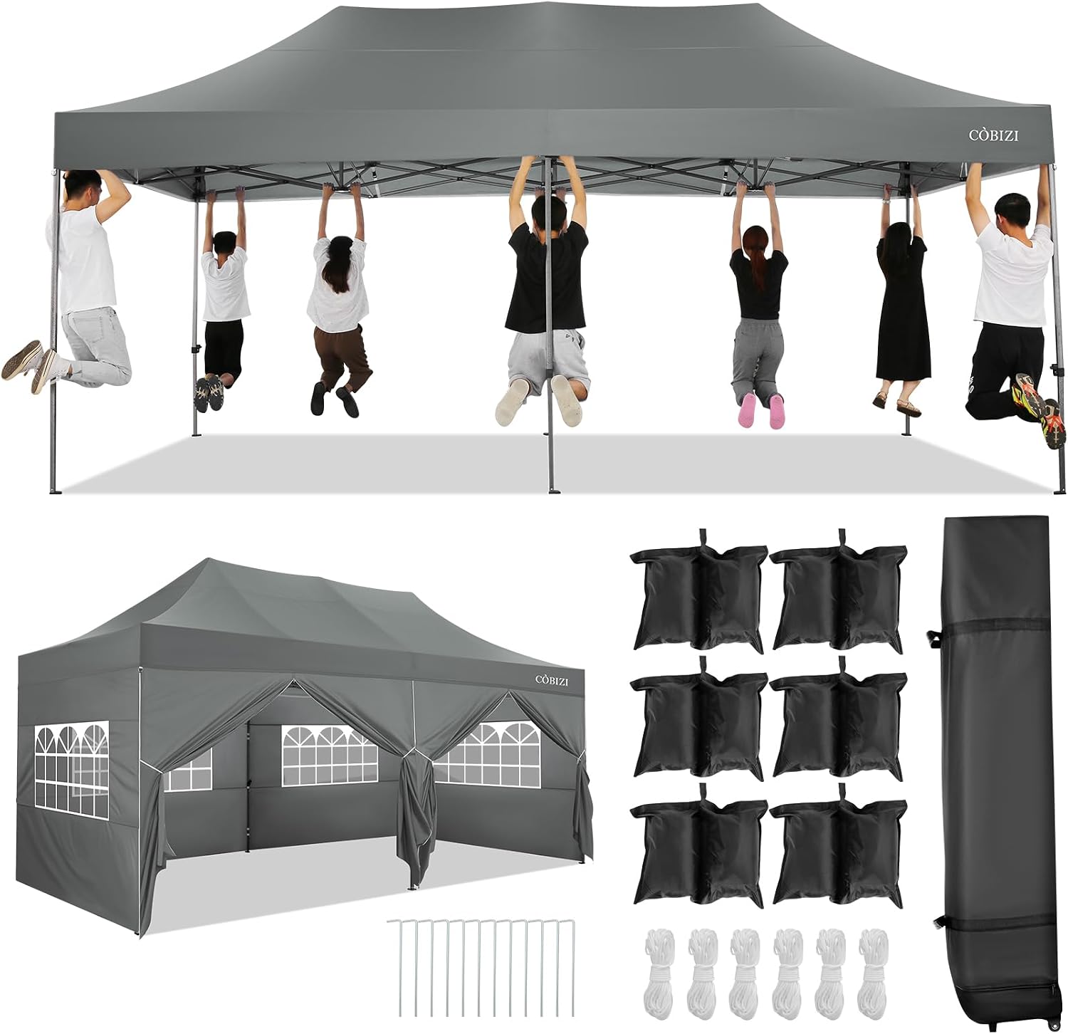 COBIZI 10x20 Pop up Canopy Tent Heavy Duty with 6 Sidewalls, Easy Set-up Commercial Outdoor Party Tents, 100% Waterproof Wedding Gazebo, 3 Height Adjustable with Wheeled Bag,Gray