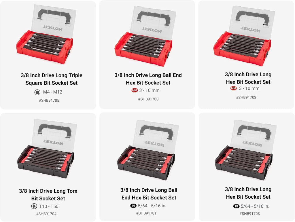 TEKTON 3/8 Inch Drive Long Bit Socket Set with Mini Stacking Tool Boxes (56-Piece) | SHB91706