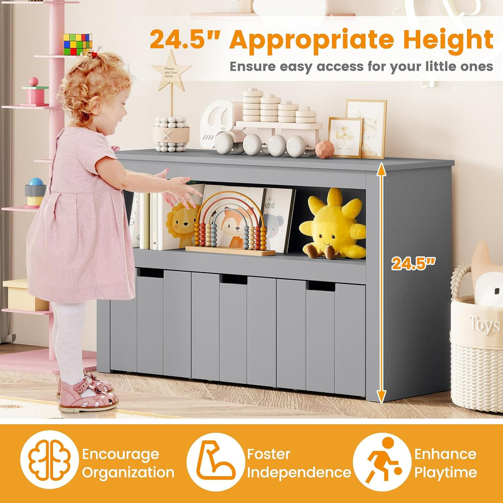 HONEY JOY Kids Toy Storage Organizer, Children Daycare Shelf, 3 Wooden Toy Box w/Wheels, Toddler Classroom Display Cabinet for Playroom, Nursery, Kindergarten (Gray)