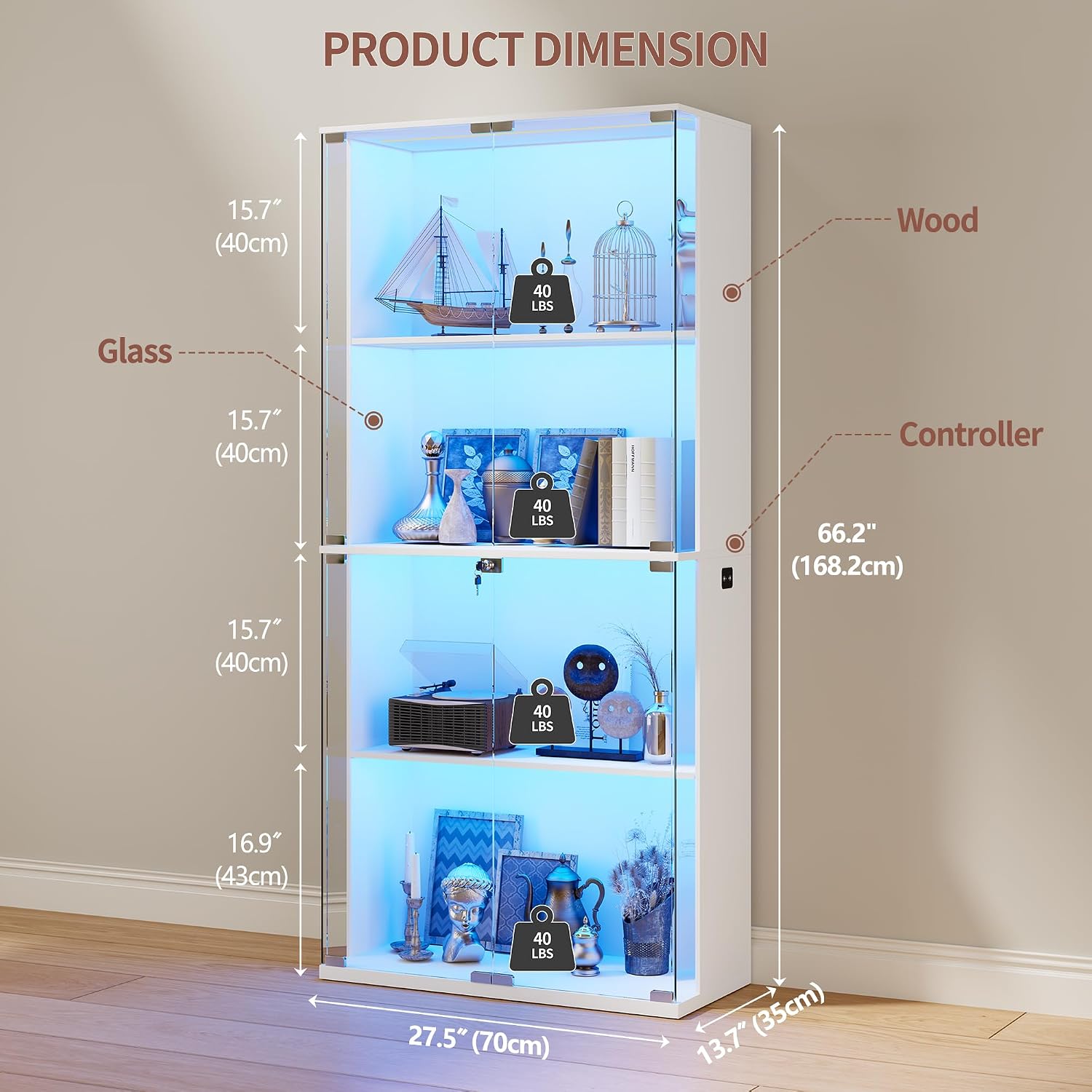 HNEBC Glass Display Cabinet with LED Lights - 4-Tiers Curio Cabinet Display Case with Lock,China Cabinet with Human Body Senor for Collectibles & Legos,Living Room Bookcase Storage Cabinet (White)