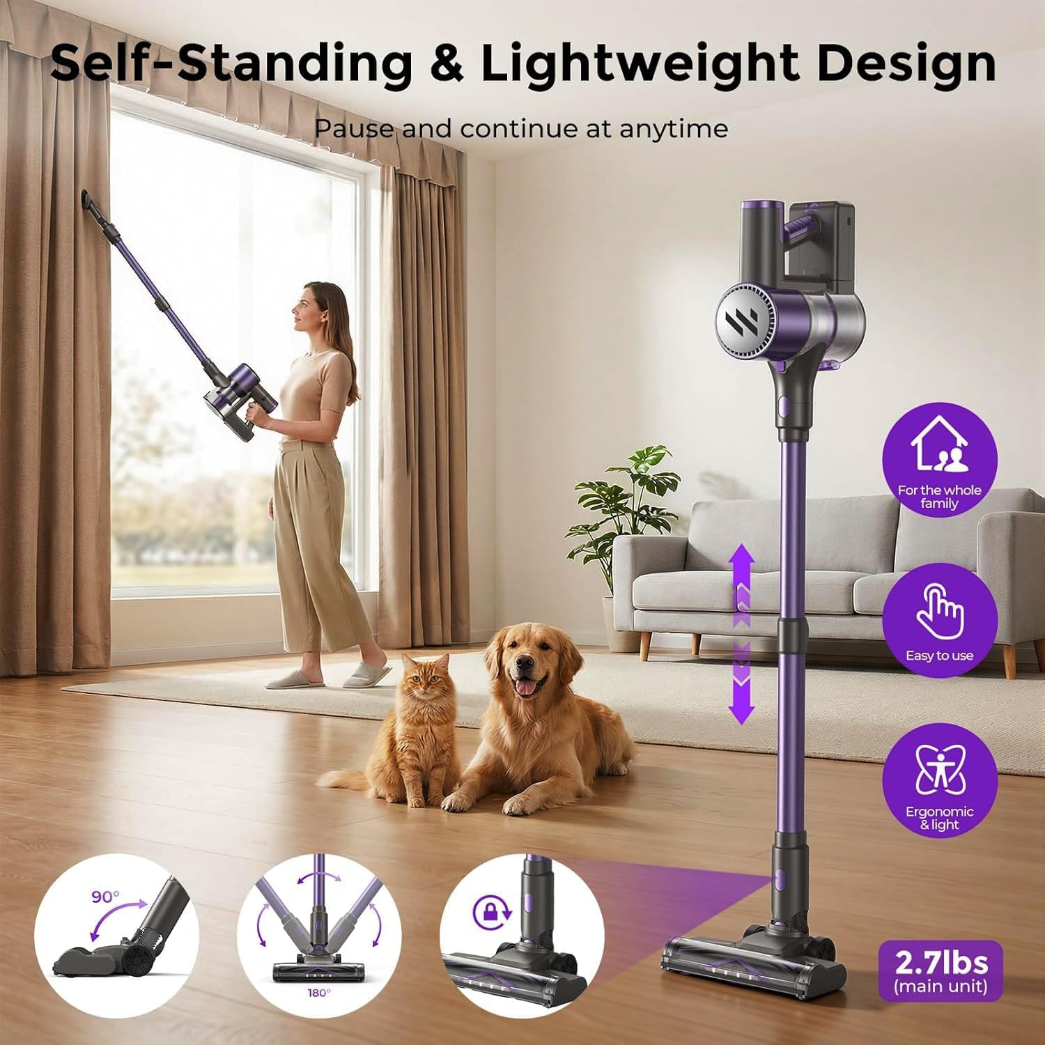 Cordless Vacuum Cleaner,Vacuum Cleaner for Home with Brushless Motor,Lightweight Stick Vacuum with Self-Standing and Touch Screen,Hardwood Floor Vacuum for Pet Hair,Carpets,Tile(Classic Purple)