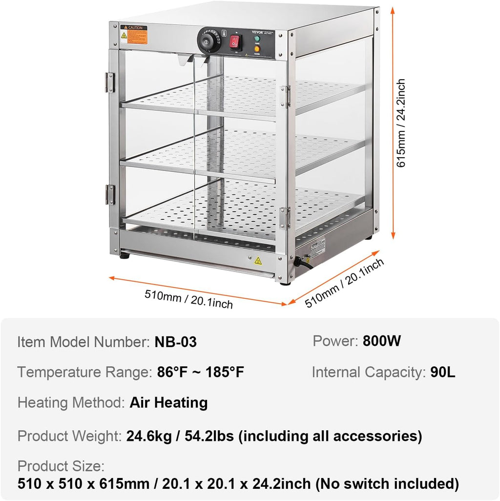 VEVOR 3-Tier Commercial Food Warmer Display, 800W Food Display Warmer with Light to Enhance Food Display, 86℉~185℉ Temperature Control, 90L Large Capacity for Hamburger, Pizza, Bread, Fried Chicken