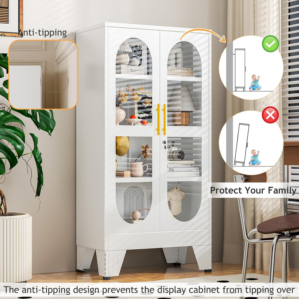47'H Metal Display Cabinet with Glass Door and Lock, Tall Storage Cabinet with 3 Adjustable Shelves, 4 Tier Liquor Cabinet Metal Curio Cabinet Multi-Purpose Display Case for Collectibles Living Room