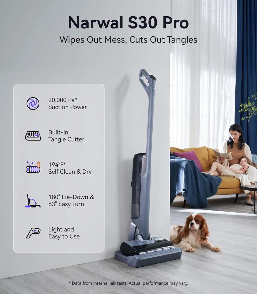 Narwal S30 Pro Wet Dry Vacuum Cleaner with 20000Pa Suction, Cordless Vacuum Mop for Hard Floors, Tangle-Free Hair-Cutting, 180° Lie Flat, 194°F Self-Cleaning, Disposable Waste Bag (Renewed)