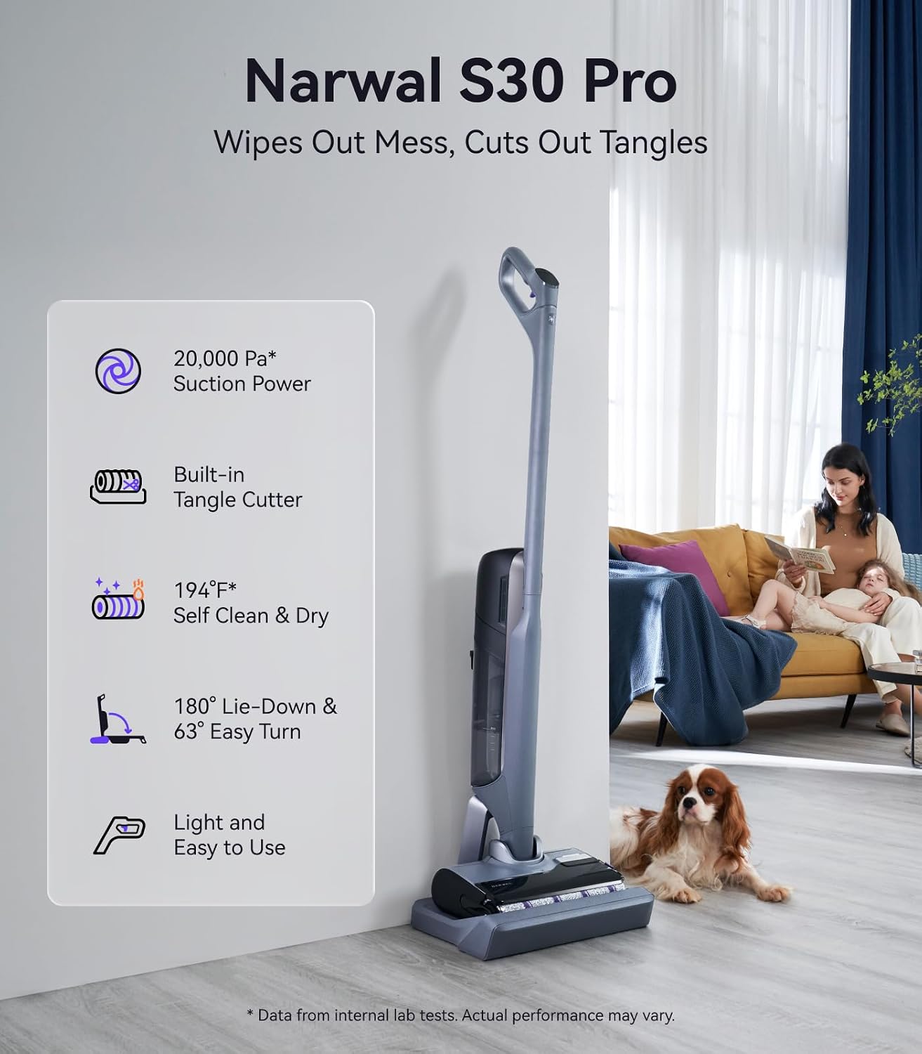 Narwal S30 Pro Wet Dry Vacuum Cleaner with 20000Pa Suction, Cordless Vacuum Mop for Hard Floors, Tangle-Free Hair-Cutting, 180° Lie Flat, 194°F Self-Cleaning, Disposable Waste Bag (Renewed)