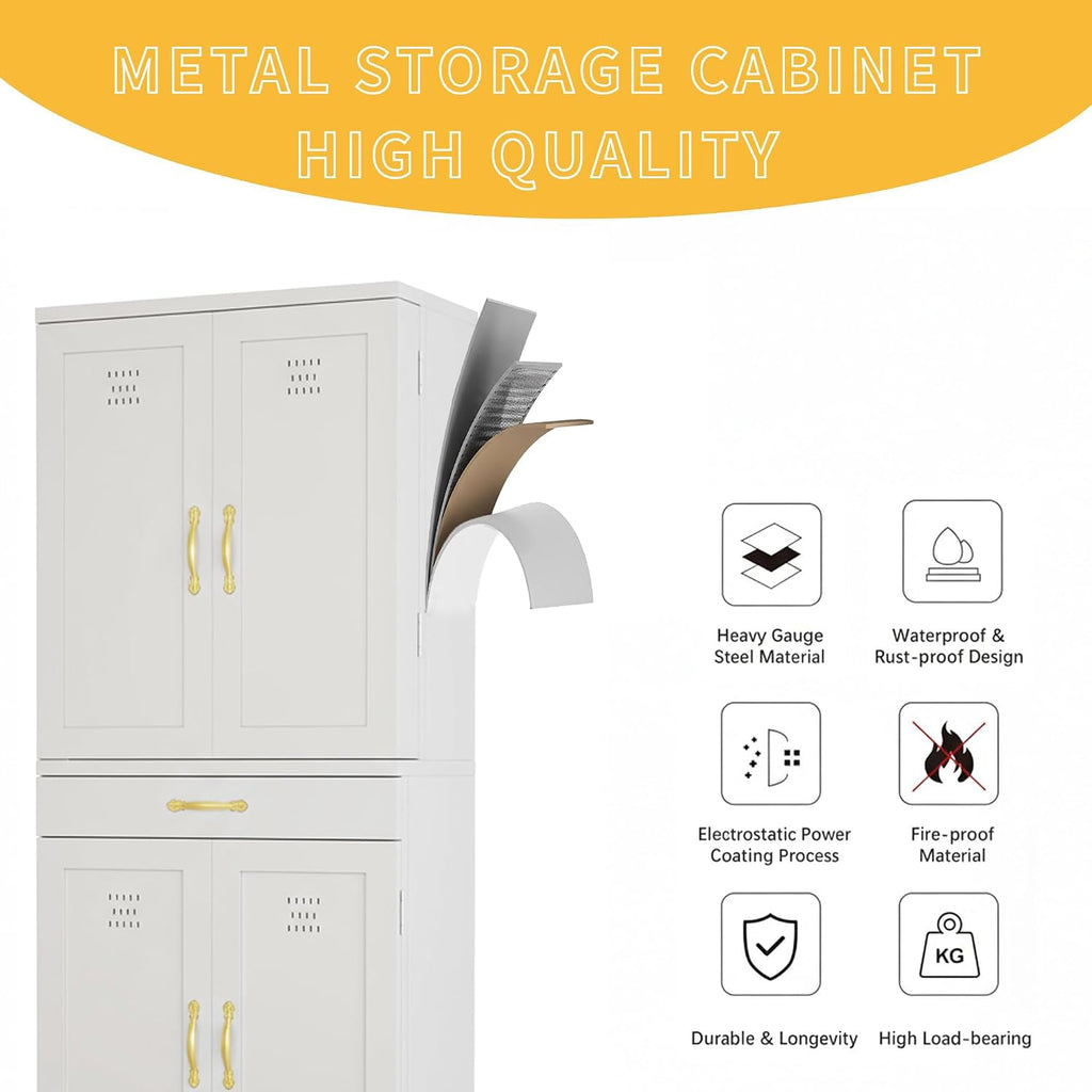 DWVO Metal Storage Cabinet, 71' Kitchen Pantry Cabinet with 4 Door & 4 Adjustable Shelves & Drawer & Door Rack, 6-Tier Tall White Steel Cabinets for Kitchen, Living Room, Dining Room