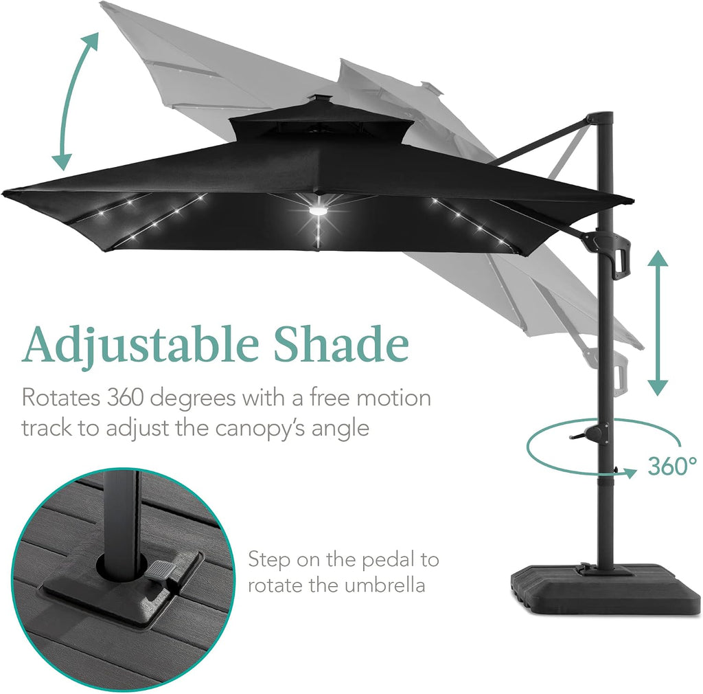 Best Choice Products 10x10ft Cantilever Patio Umbrella w/Base Included, Solar LED Lights 360 Rotation Large Offset Hanging Outdoor Shade for Deck Pool Backyard w/Stand – Black