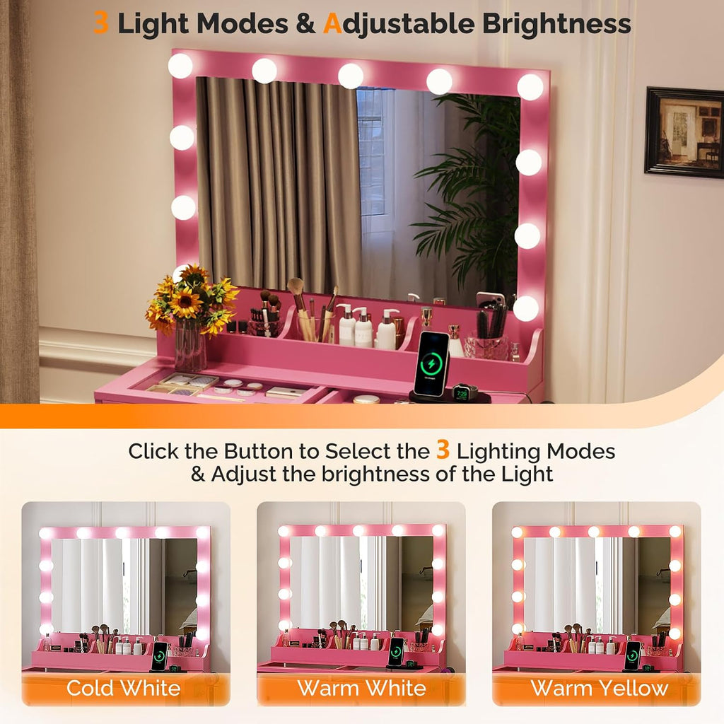 VINGLI Vanity Desk with Mirror and Adjustable Lights, Glass Top Makeup Vanity Table Built-in Power Outlets & Hairdryer Holder, Small Hot Pink Dressing Table w/Bulbs, Gifts for Girls, 31.5in
