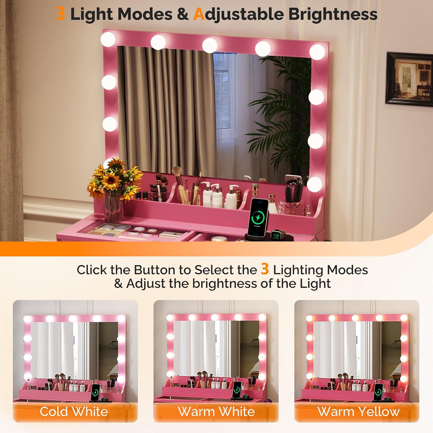 VINGLI Vanity Desk with Mirror and Adjustable Lights, Glass Top Makeup Vanity Table Built-in Power Outlets & Hairdryer Holder, Small Hot Pink Dressing Table w/Bulbs, Gifts for Girls, 31.5in