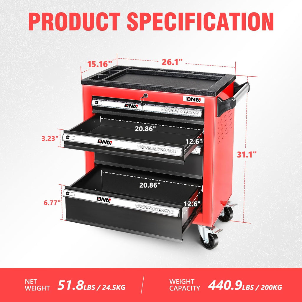 DNA Motoring 4-Drawer Rolling Tools Chest, Rolling Tool Storage Cabinet, Heavy Duty Mechanic Tool Cart, Trolley Organizer for Garage, Warehouse, Workshop, Red, TOOLS-00401