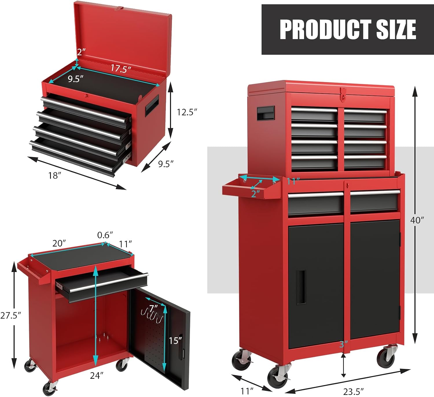 Rolling Tool Chest, 5-Drawer Tool Storage Cabinet with Wheels, Adjustable Shelf & Anti-Slip Liner, Tool Box Organizer for Garage, Warehouse & Workshop (Red+Black)