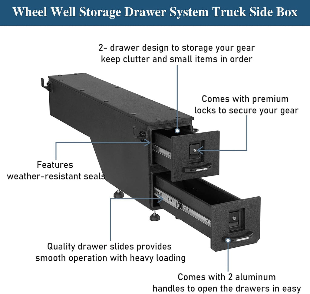Hooke Road Truck Bed Storage Drawer for 2015-2022 Chevy Colorado & GMC Canyon 5'2' Bed, Slide out Wheel Well Tool Box Organizer with Keys