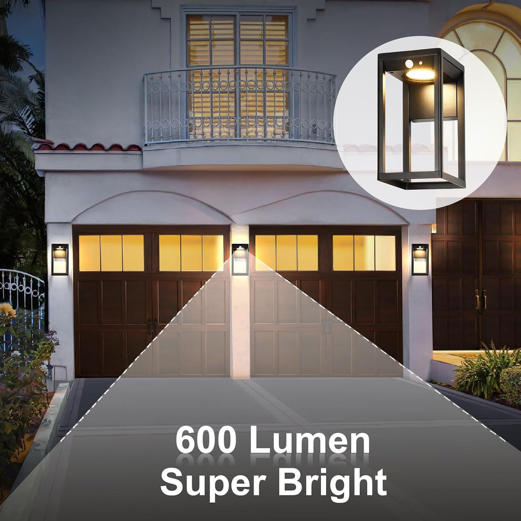 Solar Outdoor Wall Lights with Motion Sensor - 600 Lumen Aluminum Solar Sconce Lights Outdoor, Dusk to Dawn Wall Lantern for Garage, Porch, Front Door. IP44 Waterproof, 2 Pack, Black