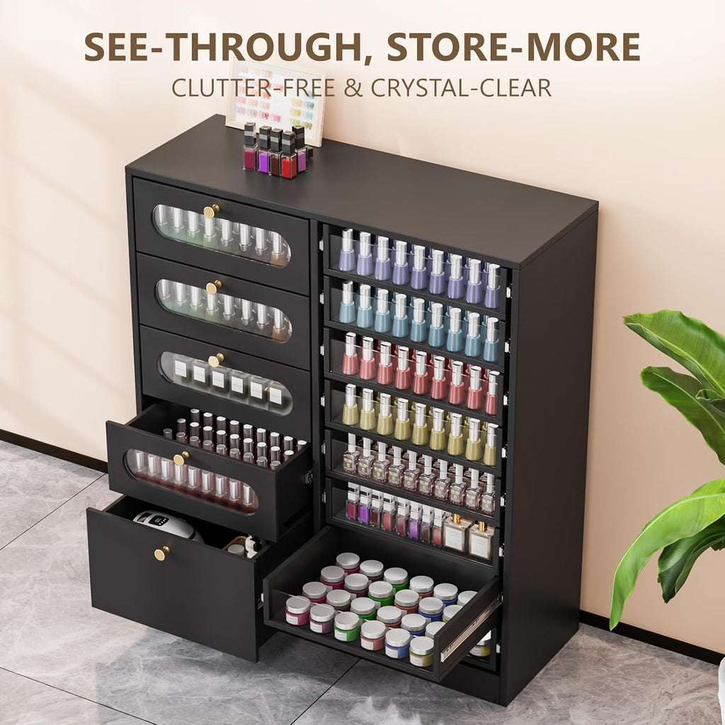 OmySalon Nail Salon Organizer Cabinet, 32' L Floor Storage with 8 Clear & 4 Visual Drawers, Wooden Display for Polish & Powder, Beauty Salon Furniture (Black, 32'' Length)