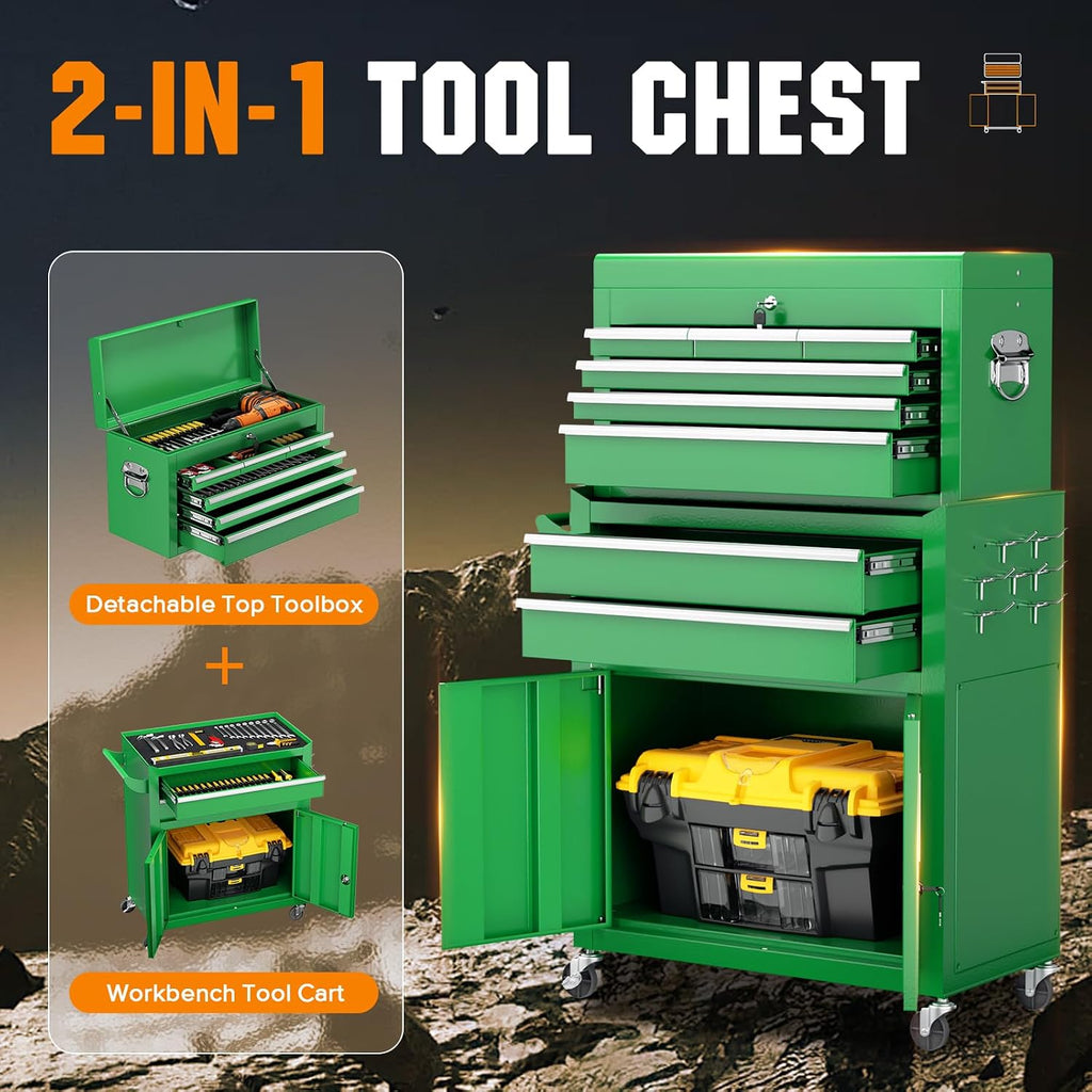 Incbruce 8-Drawer Metal Rolling Tool Chest, High Capacity Toolbox Organizer with Wheels, Detachable Tool Cabinet Top for Mechanics Garage and Workshop (Green)