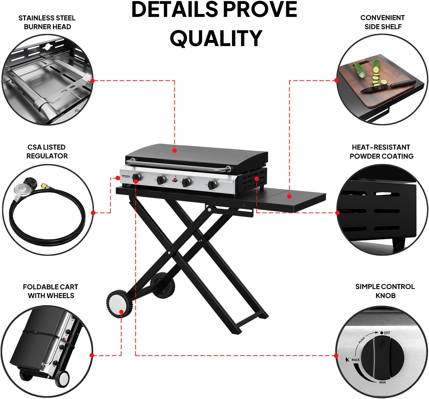 Bonnlo Foldable Flat Top Grill with 4 Burner & Lid, Powerful 40,000 BTU Propane Gas Grills with Ignition, Enamel Griddle, Side Shelf & Portable Cart with Wheels for Outdoor Camping Hibachi Grill Use