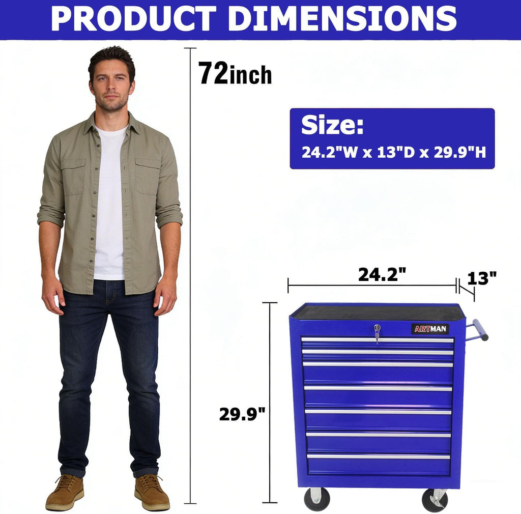 7-Drawer Tool Cart on Wheels, Drawers Rolling Tool Chest with Key Lock, Mobile Trolley Organizer Tools Box with Locking Wheels & Ball Bearing Drawers for Garage,Repair Shop (Blue)
