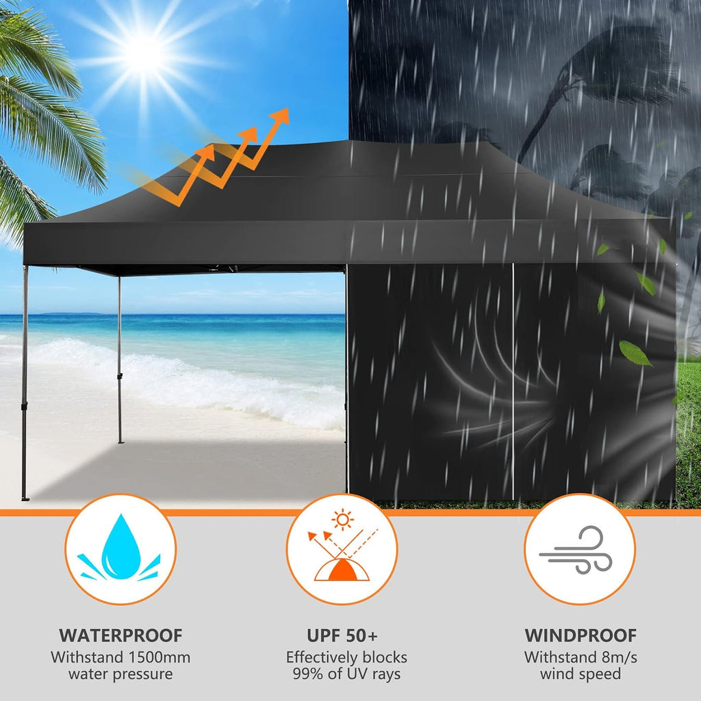 COBIZI Pop up Canopy Tent 10x20 Heavy Duty Gazebo with 6 Sidewalls, UPF 50+ All Weather Waterproof Commercial Outdoor Wedding Party Tents Canopy with Roller Bag, Black