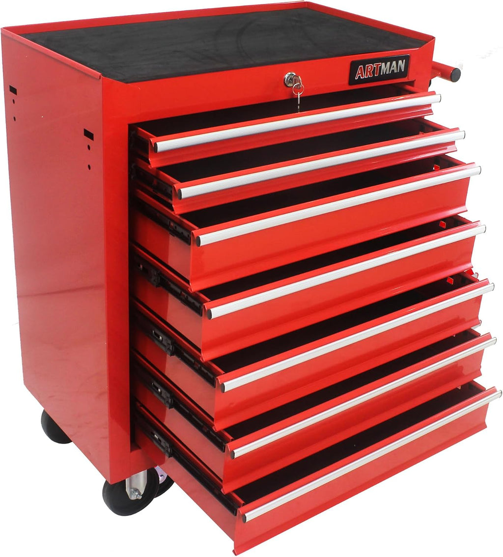 Rolling Tool Cabinet with 7 Drawers, Heavy Duty Steel Tool Cart on Wheels, Lockable Garage Tool Storage Cabinet, 300 lb Capacity, Ball-Bearing Slides, Powder-Coated Finish, Red