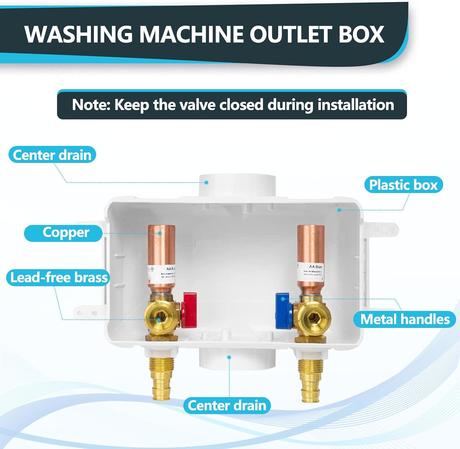 Washing Machine Outlet Box, Center Drain, 1/2 Inch Pex-A Inlet x 3/4 Inch MHT Outlet Connection, with Copper Water Hammer Arrestor (Pack of 5)