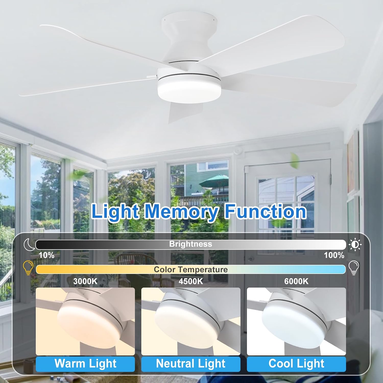 Depuley 42-Inch Ceiling Fans with Lights: Indoor/Outdoor Flush Mount Ceiling Fan with Remote Control - White 5 Blade Low Profile Fandelier for Kitchen Gazebo - Reversible Quiet Timer - 2 Packs