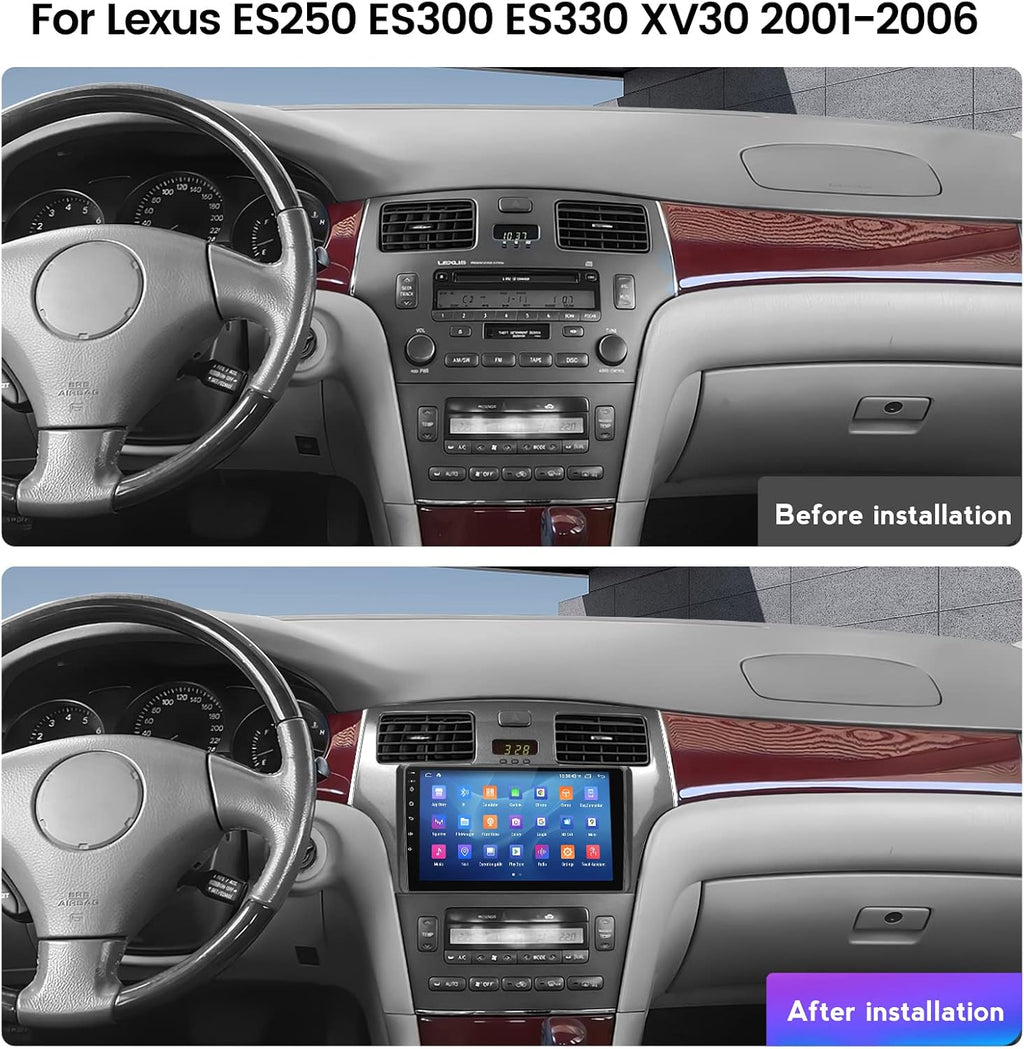 Car Stereo for Lexus ES300 ES330, 8Core Android 14 Radio Player 9' QLED Touch Screen GPS Navigation for Lexus ES250 ES300 ES330 XV30 2001 2002 2003 2004 2005 2006 Car-Play & Android Auto Head Unit