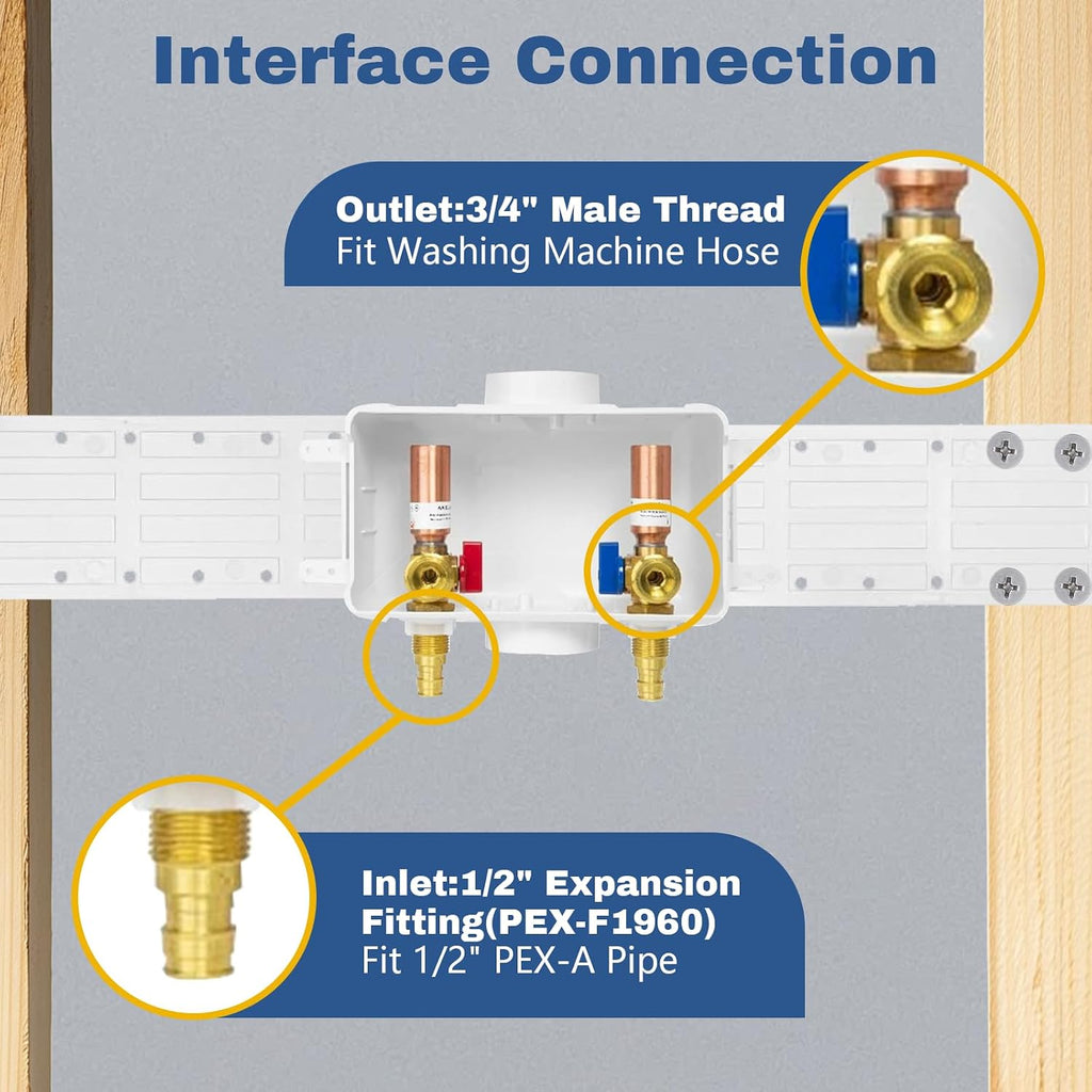 5-PACK GUOFIS Washing Machine Outlet Box with Center Drain,PEX Laundry Washer Box with Copper Water Hammer Arrestor (1/2'PEX-A Expansion Connection Inlet X 3/4'MHT Outlet)