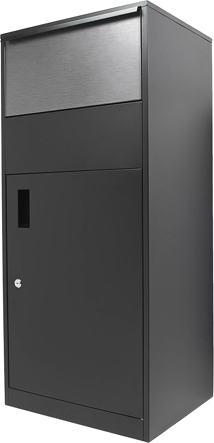 Winbest Large Steel Freestanding Floor Parcel Package Drop Box with Locking Letterbox and Multi Compartments, Black