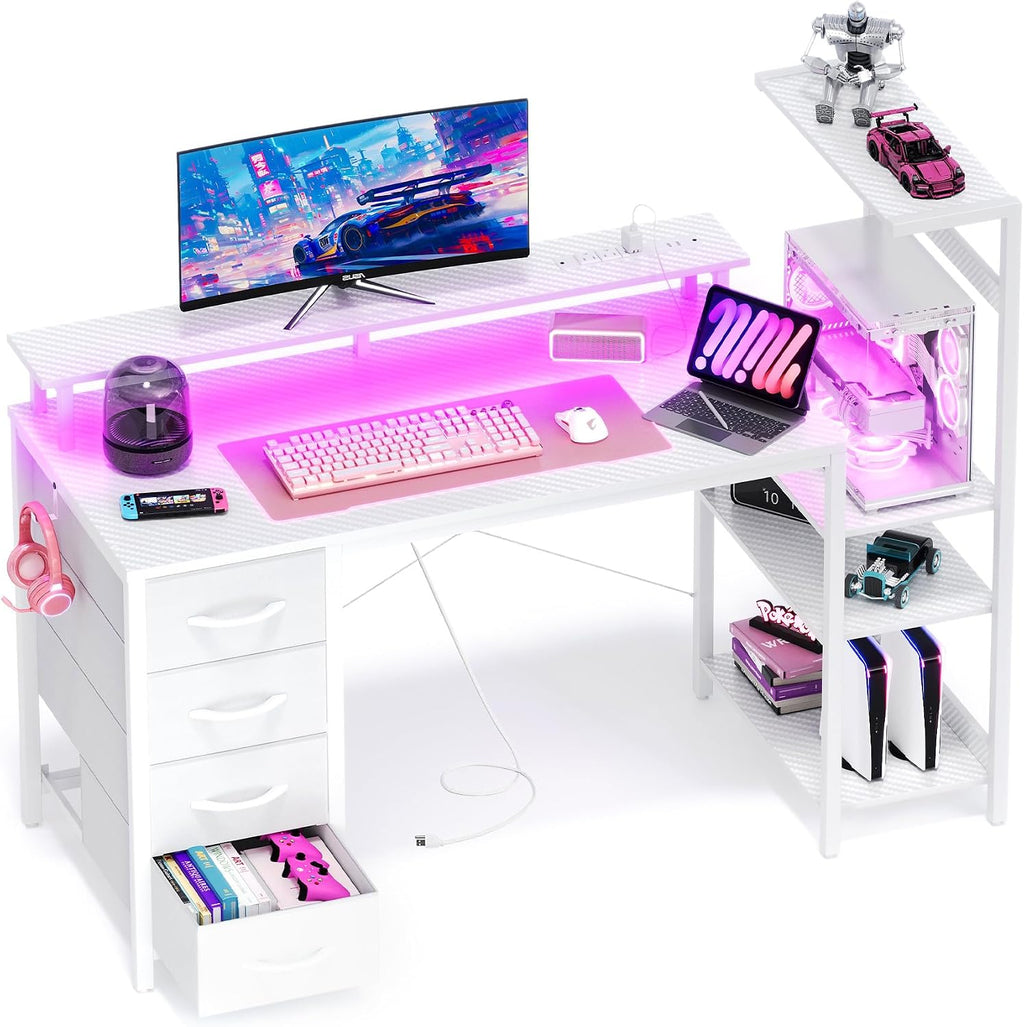 51 Inch Gaming Desk with LED Lights and Power Outlets, Computer Desk with Storage Shelves, Fabric Drawers, Monitor Stand & Side Hook, Reversible Gamer Table for Home Office, Carbon Fiber White