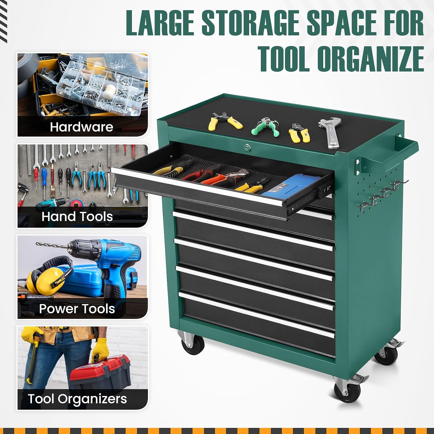 7-Drawer Rolling Tool Chest with Wheels,Tool Cabinet on Wheels with Keyed Locking,Multifunctional Tool Cart on Wheels,Tool Storage Organizer Cabinets for Garage,Warehouse, Repair Shop (Black Green)