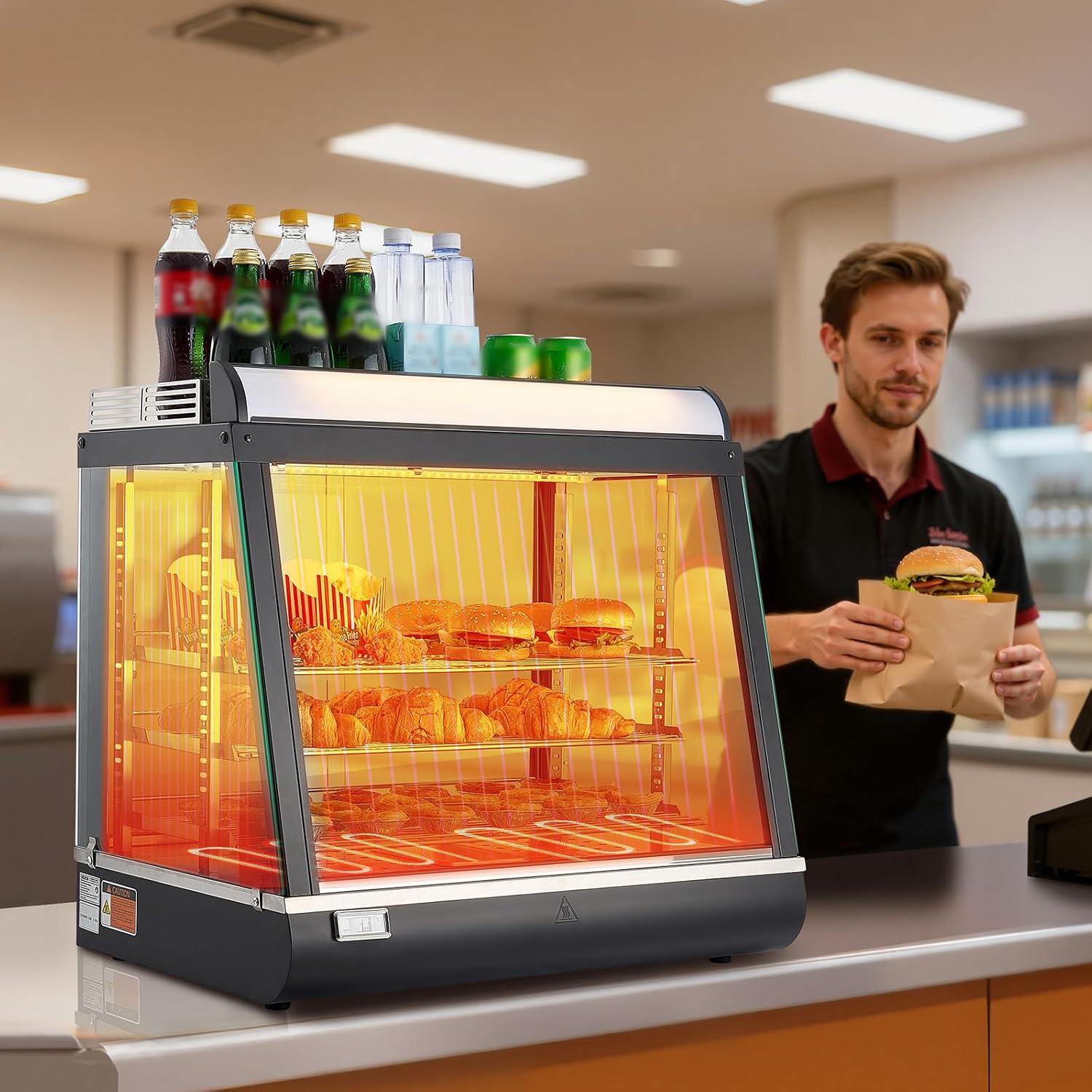 VEVOR 3-Tier Commercial Food Warmer Display, 1200W Food Display Warmer with LED Light, Top Storage and Adjustable Shelves, 86℉~185℉ Steam Heating, 75L for Hamburger, Pizza, Bread, Fried Chicken