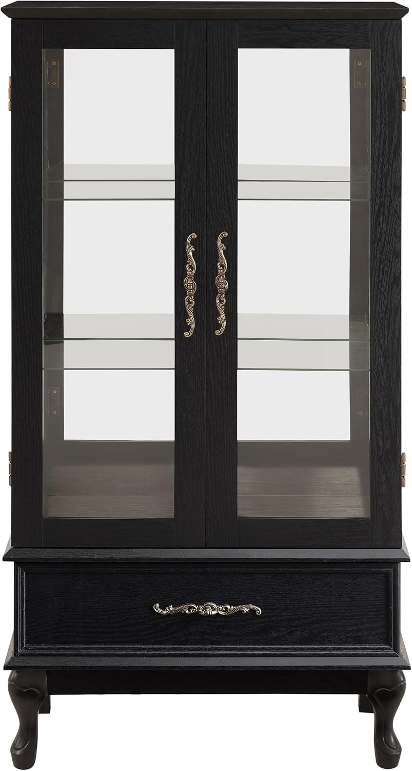 Glass Display Cabinet with Doors and Drawer, Lighted Curio Display Cabinet with Adjustable Glass Shelves and Mirrored Back Panel, Retro Floor Standing Storage Cabinets for Living Room, Black