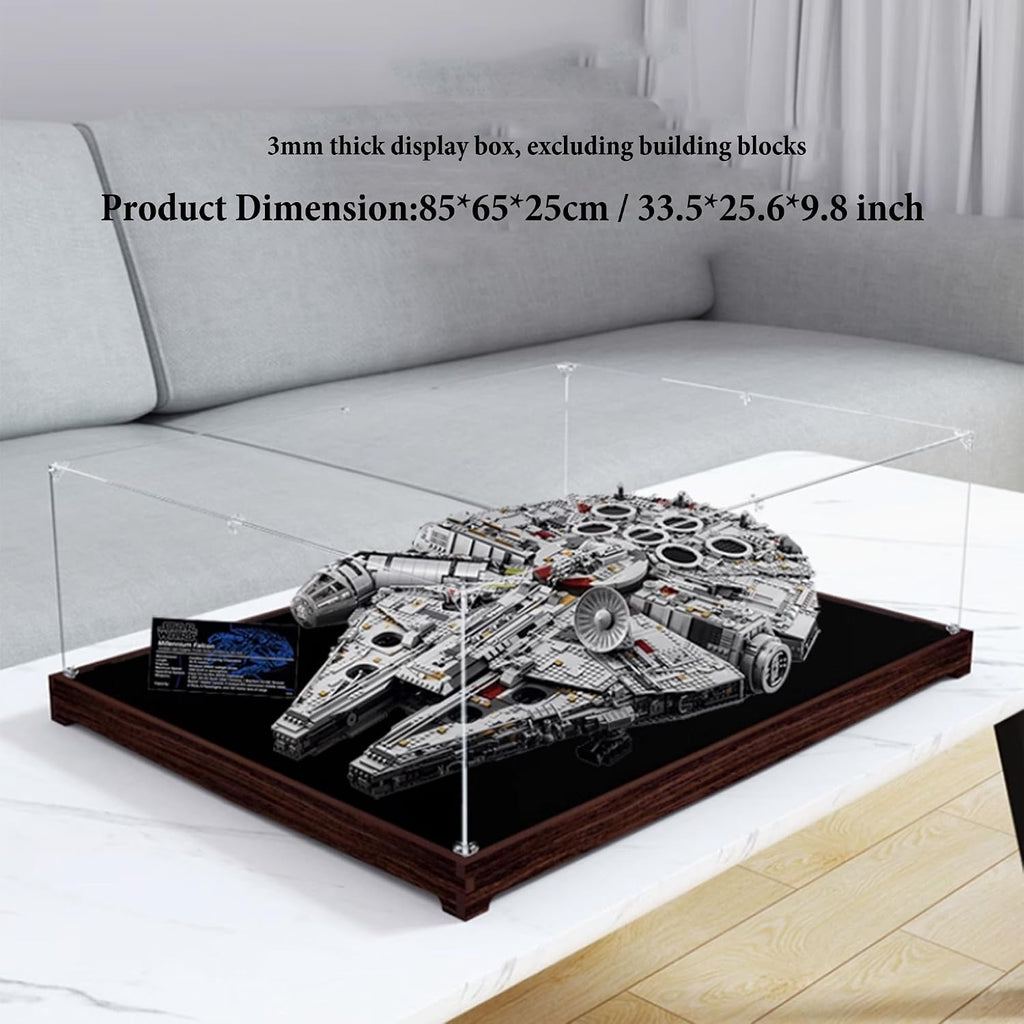 Acrylic Display Case for Lego 75192 Millennium Falcon Building Set,Clear Display Case, Dust-Proof Display Case Compatible with Lego 75192 (Only Display Case) (Flat Placement,Wooden Base B)