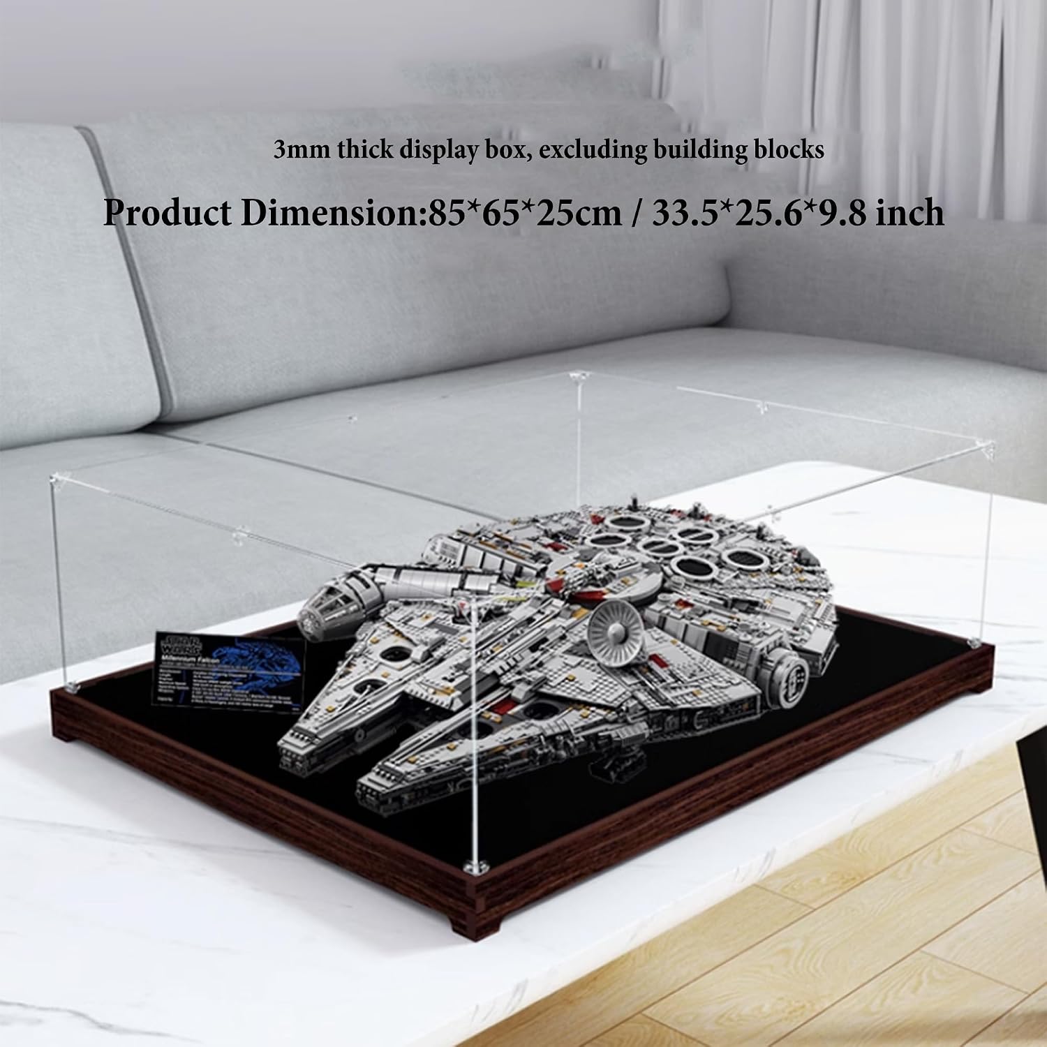 Acrylic Display Case for Lego 75192 Millennium Falcon Building Set,Clear Display Case, Dust-Proof Display Case Compatible with Lego 75192 (Only Display Case) (Flat Placement,Wooden Base B)