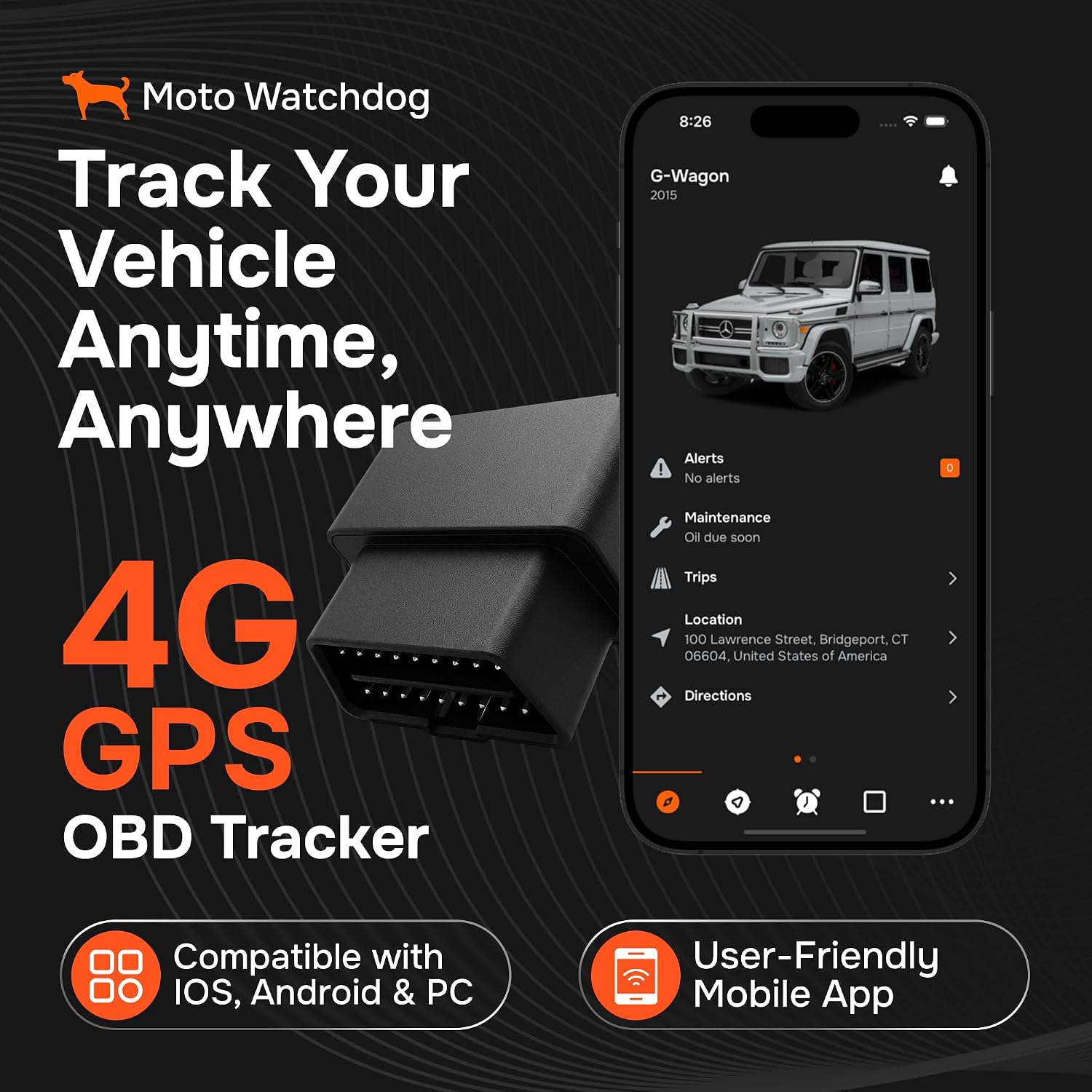 GPS Tracker for Vehicles, No Monthly Fee, No Subscription with Real-Time Location, Mileage Tracking, Speeding Monitoring, Route History, Geofence, OBD, Fleets & Families, USA, Moto Watchdog