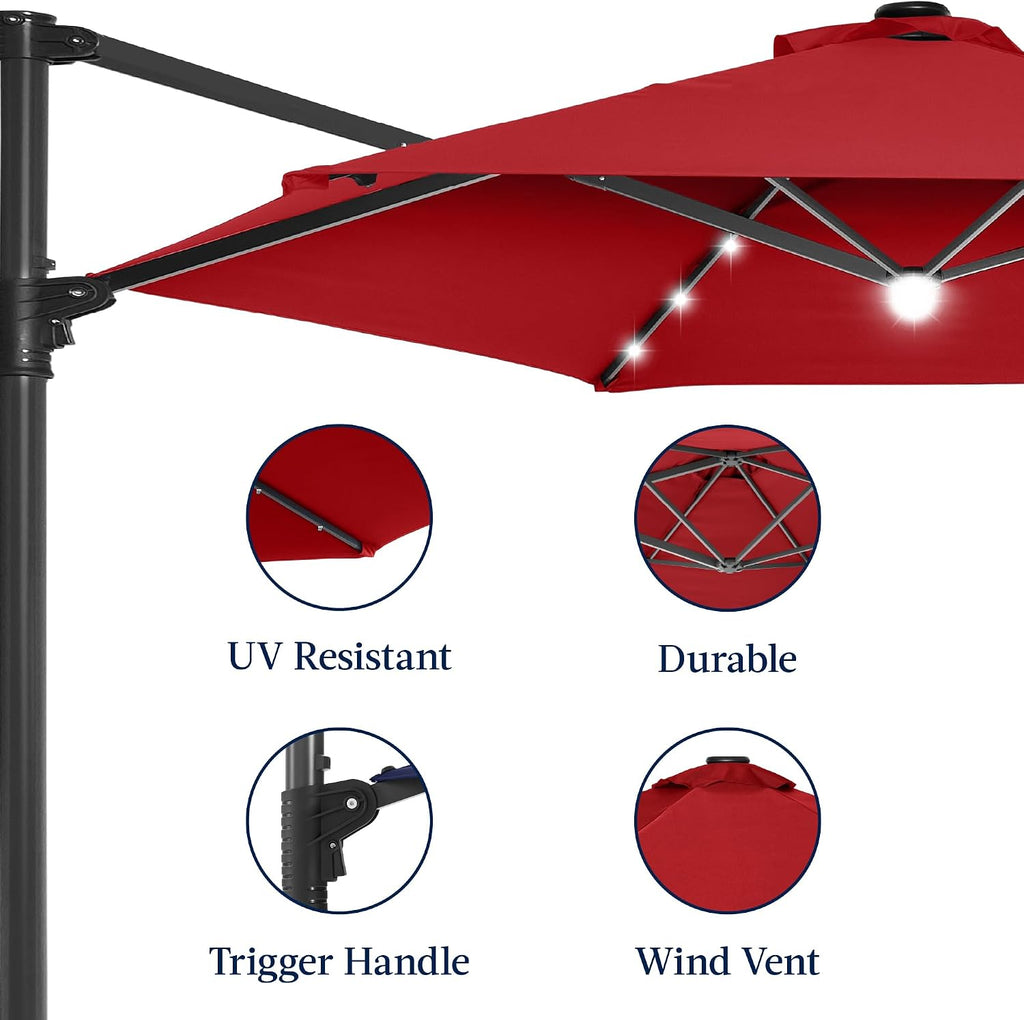 Best Choice Products 10ft Solar LED Offset Cantilever Hanging Market Patio Umbrella, Smooth 360° Rotation, 8 Sturdy Ribs, Easy Adjustment - Red