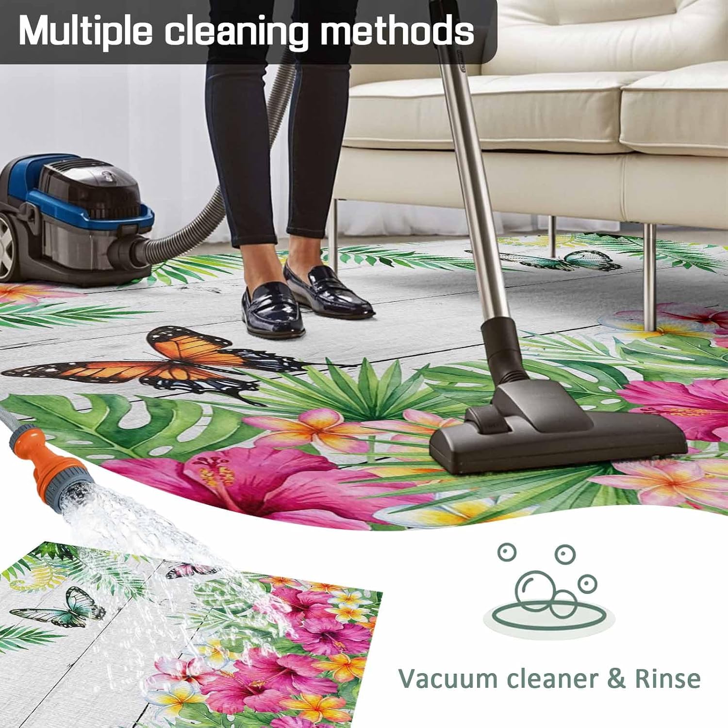Outdoor Rug 6x9ft Burmese Gardenia Flower Butterflies Patio Area Rugs Waterproof Easy Cleaning Non Shedding Thick Mats Purple Floral Art Carpet for Indoor Outdoor Porch Deck Backyard Balcony