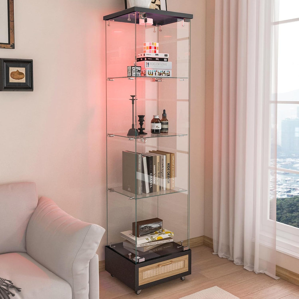 Modern Glass Display Cabinet with LED Light 4-Shelf Curio Cabinets with Rattan Drawer and Wheels,Tempered Glass Display Shelf Bookcase for Living Room Home Office
