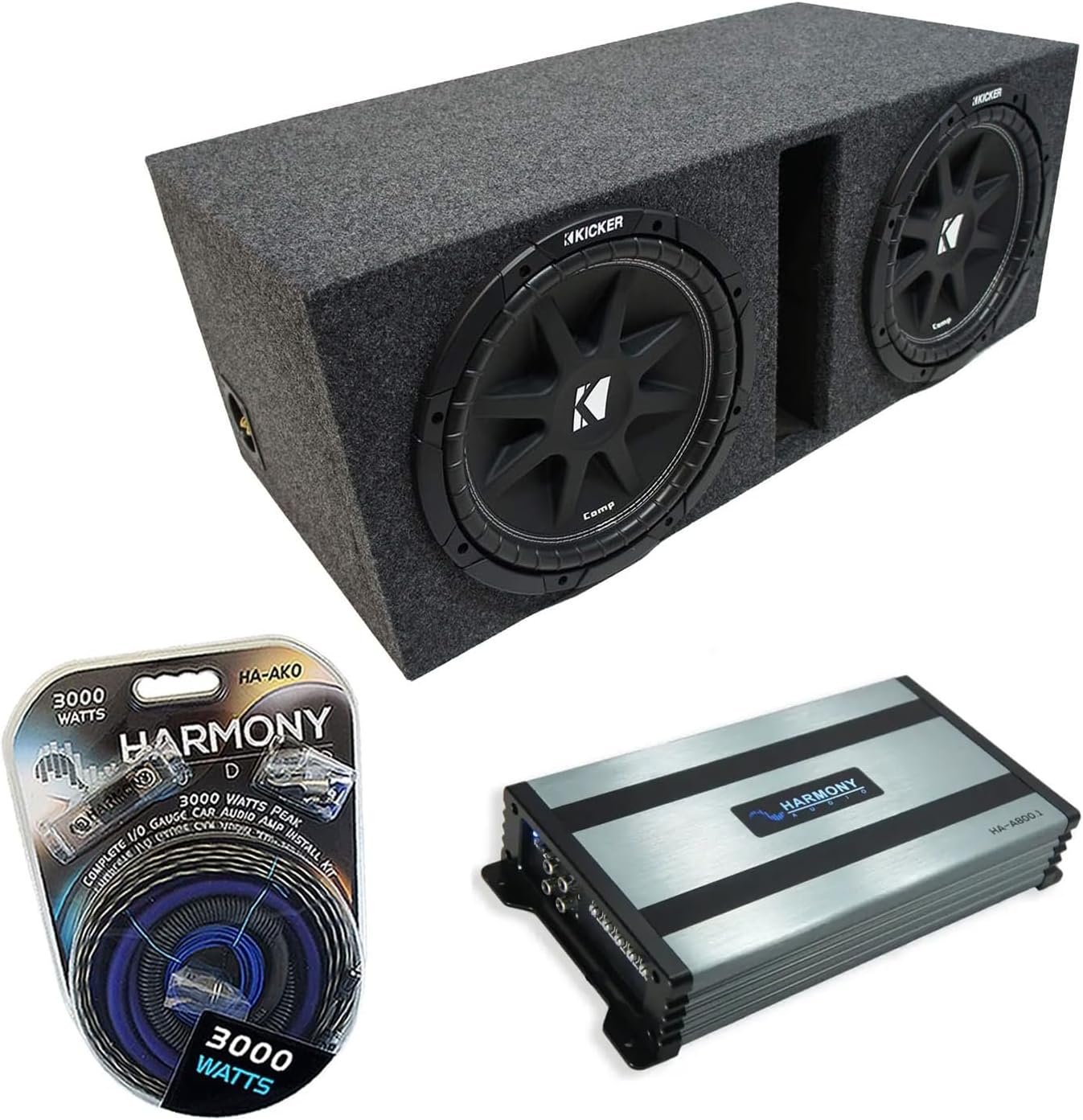 Harmony Audio Universal Car Stereo Vented Port Dual 15' Kicker Bundle Comp C15 Sub Box Enclosure & Harmony HA-A800.1 Amp