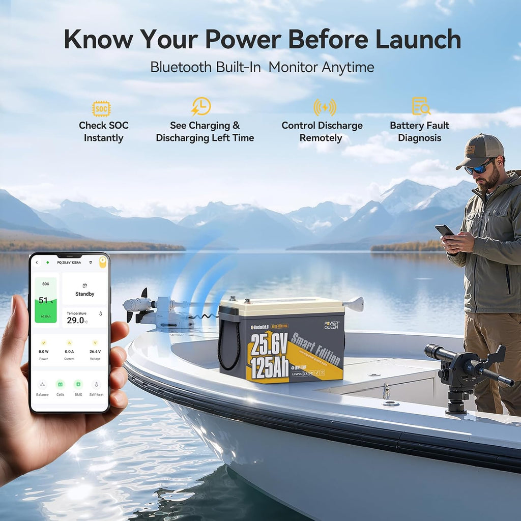Power Queen 24V 125Ah Bluetooth Lithium Battery with Self-Heating,Trolling Motor LiFePO4 Battery - Mini Size,Low Temp Protection & IP67 Waterproof, 3200W Output Power for Marine,Yacht, Solar Off-Grid